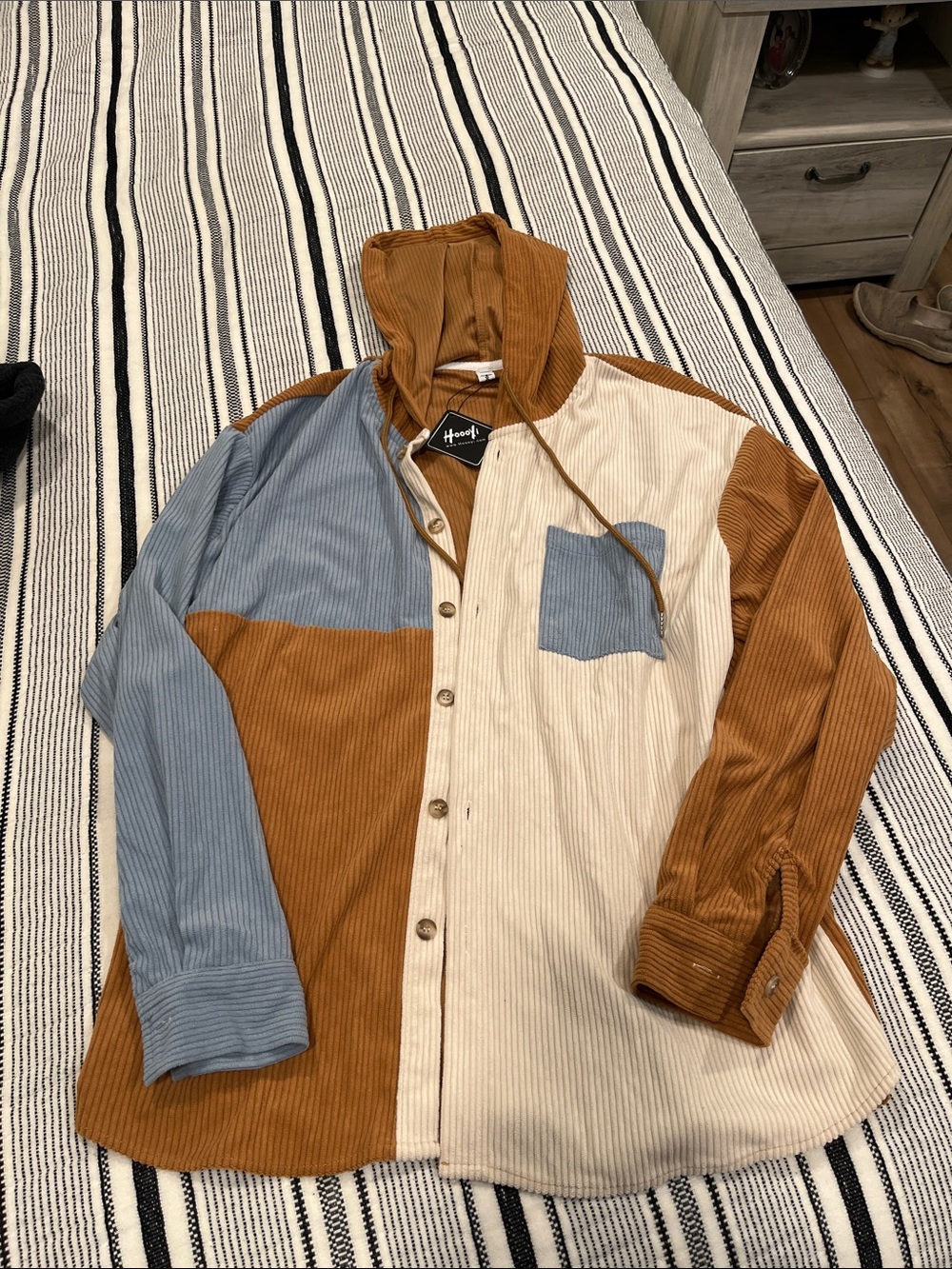 Colorblock Corduroy Hooded Shirt Jacket - Blue, Cream & Brown